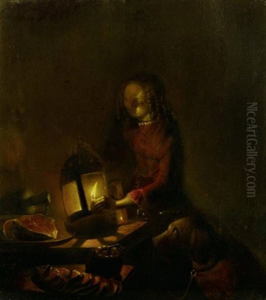 Junge Frau Mit Hund Beim Kerzenlicht Oil Painting by Jan Hendrik van Grootvelt