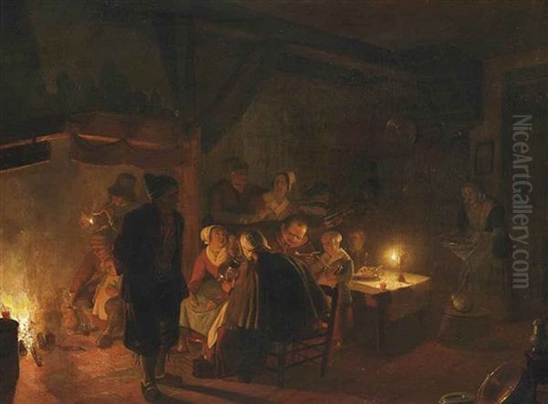 A Family Eating By Candlelight In An Interior Oil Painting by Jan Hendrik van Grootvelt