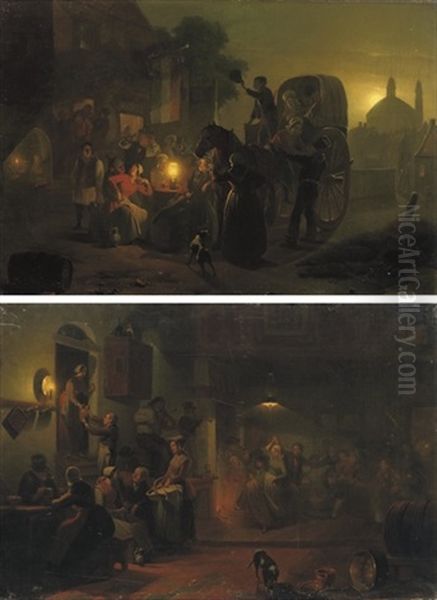 Dancing In The Tavern (+ Outside The Tavern; Pair) Oil Painting by Jan Hendrik van Grootvelt