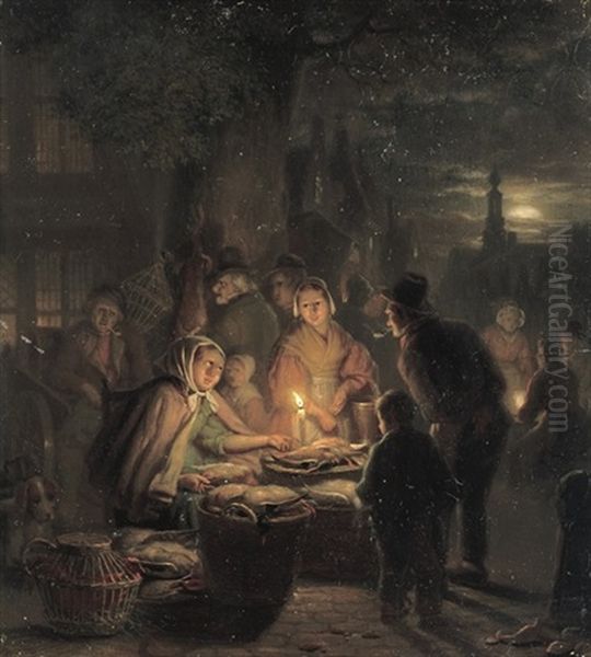 A Poultry Stall At An Evening Market Oil Painting by Jan Hendrik van Grootvelt