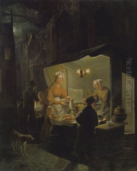 Het Oliebollenkraam Bij Avond Oil Painting by Jan Hendrik van Grootvelt