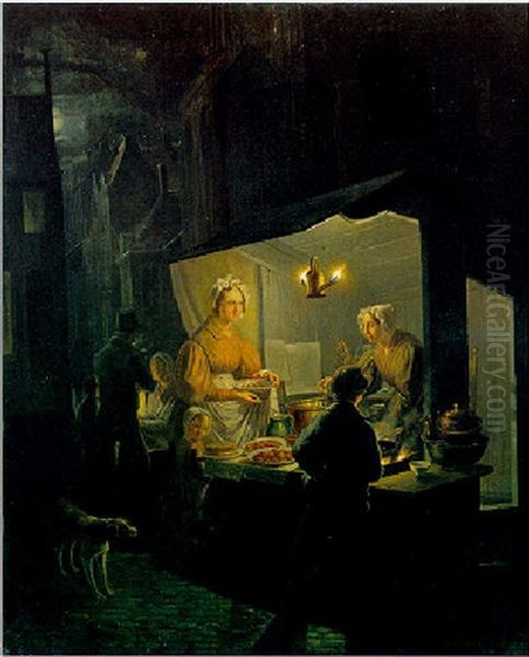 Het Oliebollenkraam Bij Avond Oil Painting by Jan Hendrik van Grootvelt