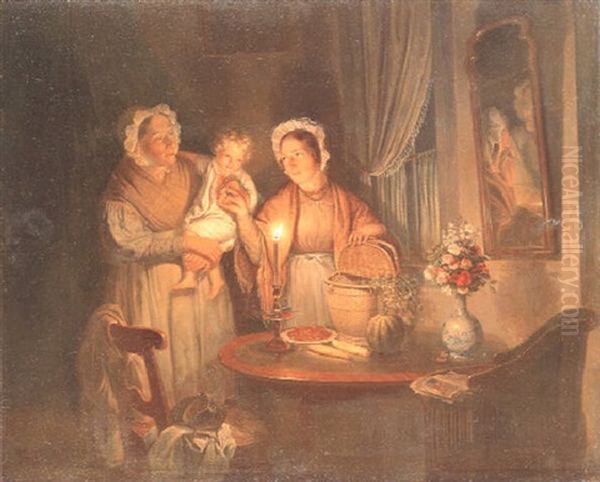 Family Group In An Interior By Candlelight Oil Painting by Jan Hendrik van Grootvelt