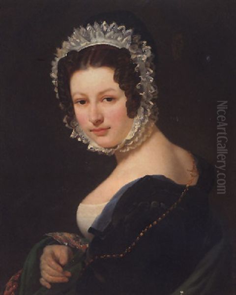 Portrait Of A Young Lady Wearing A Black Dress, With A Green Mantle, And A Lace Bonnet Oil Painting by Antoine Jean (Baron Gros) Gros