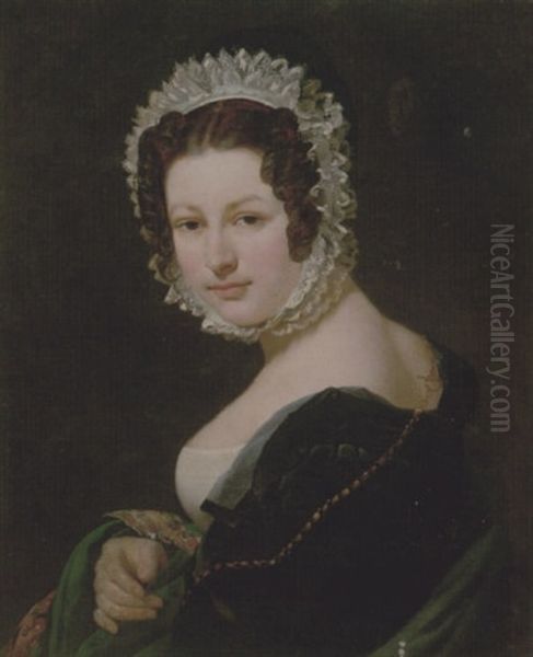 Portrait Of A Young Lady Wearing A Black Dress, With A Green Mantle, And A Lace Bonnet Oil Painting by Antoine Jean (Baron Gros) Gros