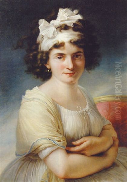 Portrait Of Celeste Coltellini, Mme. Meuricoffre, In A White Dress And Cream Shawl With A Headband Tied In A Bow Oil Painting by Antoine Jean (Baron Gros) Gros