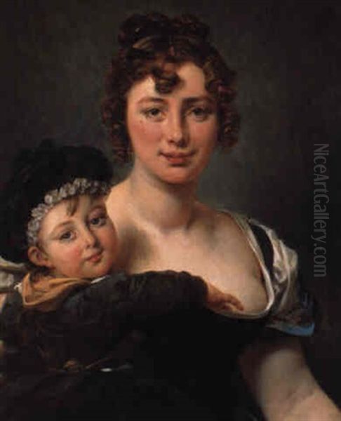 Portrait Of Francoise Simonnier And Her Daughter, Cecile-francoise Oil Painting by Antoine Jean (Baron Gros) Gros