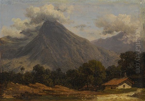 Two South American Landscapes: (1) Vue D'habitation Au Pied D'un Volcan (2) Vue Animee D'un Lac Au Pied De Volcans Oil Painting by Jean Baptiste Louis (Baron Gros) Gros