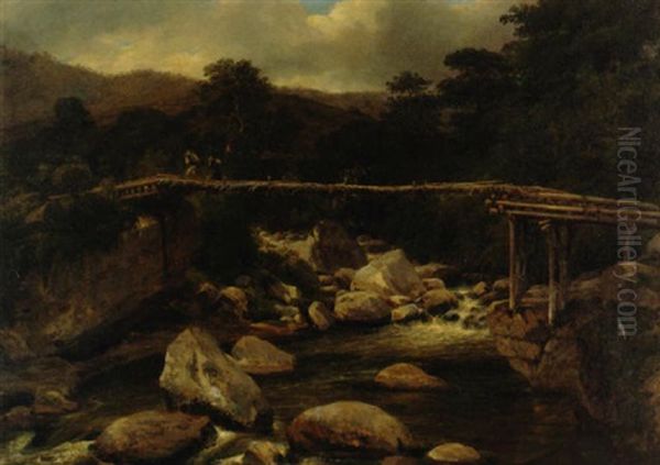 Paisaje Con Puente De Madera Oil Painting by Jean Baptiste Louis (Baron Gros) Gros