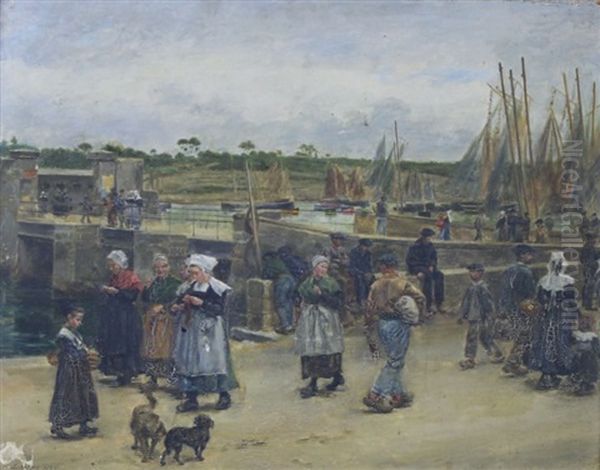 Scene De Port En Bretagne Oil Painting by Lucien Alphonse Gros