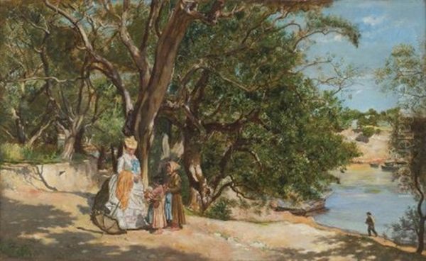 Paseante Y Vendedoras Junto Al Lago Oil Painting by Lucien Alphonse Gros