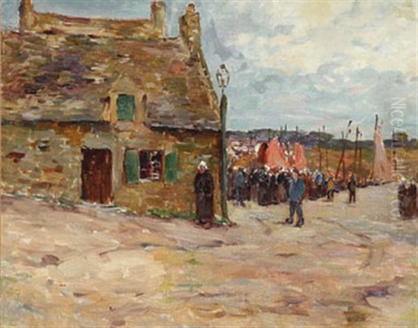 Animation Sur La Digue A Concarneau Oil Painting by Lucien Alphonse Gros