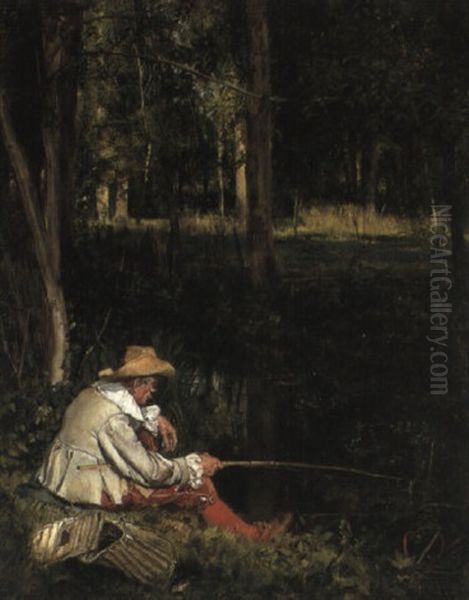 A Fisherman At A Forest Stream Oil Painting by Lucien Alphonse Gros