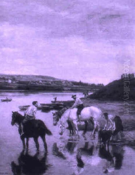 Chevaux Et Cavaliers A La Riviere Oil Painting by Lucien Alphonse Gros