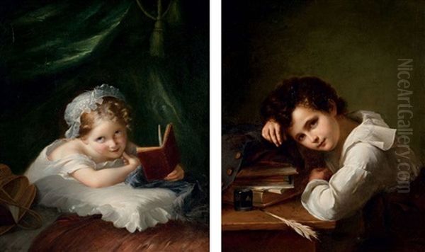 Portrait De Jeune Garcon Accoude A Ses Livres (+ Portrait De Jeune Fille Tenant Un Livre; Pair) Oil Painting by Louis Aime Grosclaude