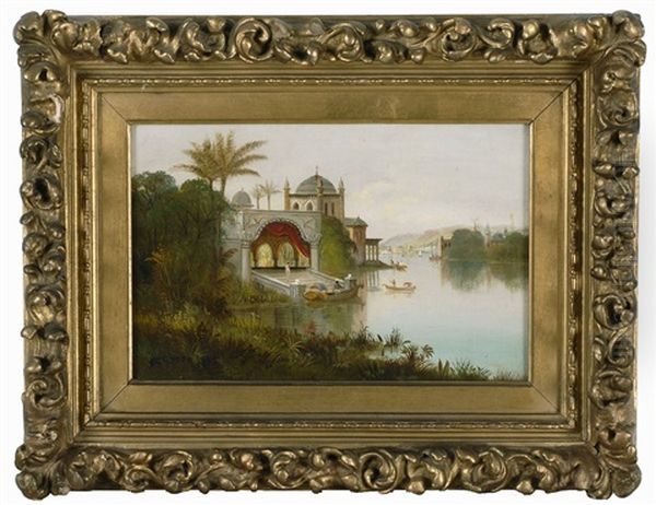 Orientalist View Of An Indian Palace Beside A River With Shipping And Distant Hills Oil Painting by Daniel Charles Grose