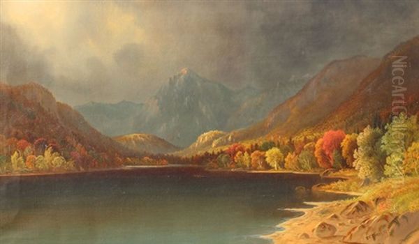 Serene Autumnal Lakeside Scene With Snowcapped Mountains In The Distance And Storm Approaching Oil Painting by Daniel Charles Grose