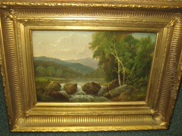 Lake Scene With Foreground Waterfall And Distant Mountains Oil Painting by Daniel Charles Grose