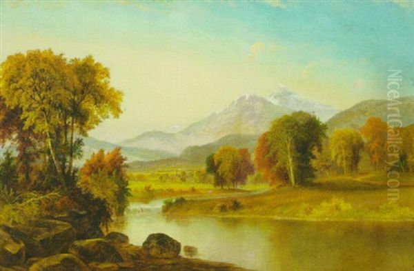 Stream And Waterfall In Autumn Landscape, Snow-capped Mountains (the Rockies?) And A Village In The Distance Oil Painting by Daniel Charles Grose