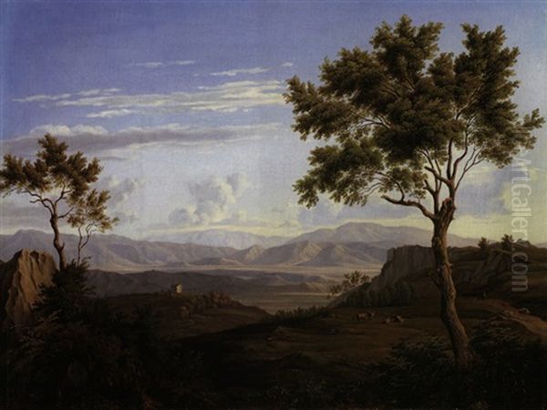 Ausblick Von Olevano (im Rucken) Auf Die Volskerberge (montagne Die Vischi) Oil Painting by Florian Grospietsch