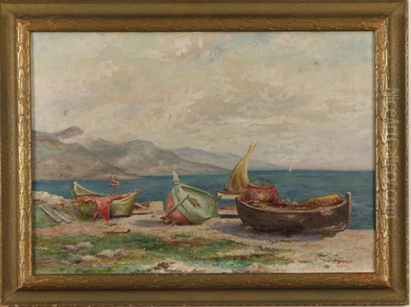 Coastal Scene With Boats Along The Shore Oil Painting by Peter Alfred Gross