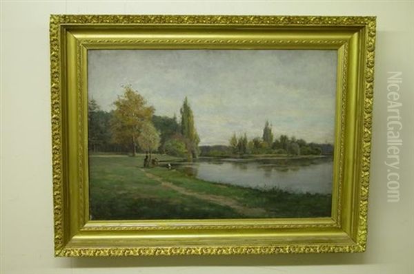 Landscape With Pond And Children Sailing Pond Boat Oil Painting by Peter Alfred Gross