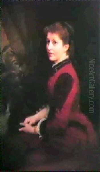 A Portrait Of Miss Hedwig Henschel, Seated Three Quarter    Length Wearing A Burgandy Eve-ening Dress And Holding A Fan. Oil Painting by Franz Theodore Grosse