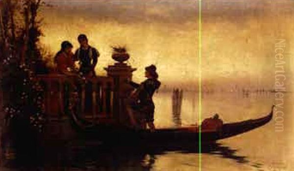 A Gondolier's Serenade At The Lido, With A View Of Venice Beyond Oil Painting by Adelchi De Grossi