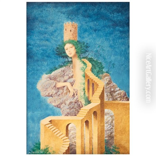 Dama Con Escalera Y Sombrero De Torre Oil Painting by Alberto Grosso