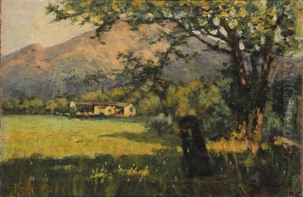 Paesaggio Campestre Con Contadina E Casolare Oil Painting by Alberto Grosso