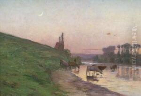 Flusslandschaft Mit Kuhen Und Burgruine Bei Dammerung Oil Painting by Ernest Baillet