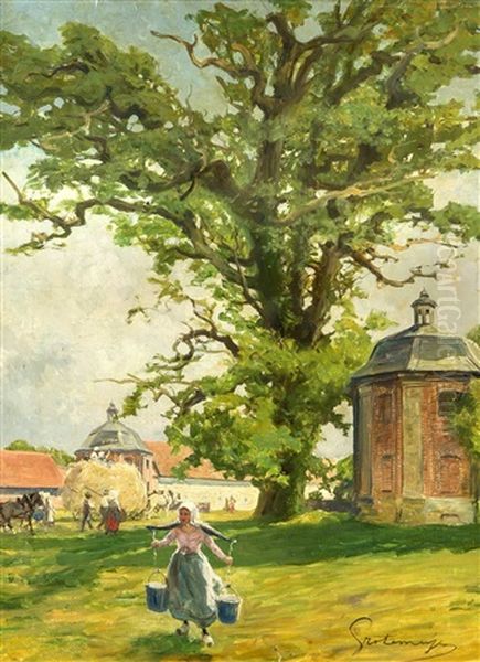 Dorfplatz Vor Einem Grosen Hof Mit Wassertragerin Und Heimkehrern Von Der Ernte Oil Painting by Fritz Grotemeyer