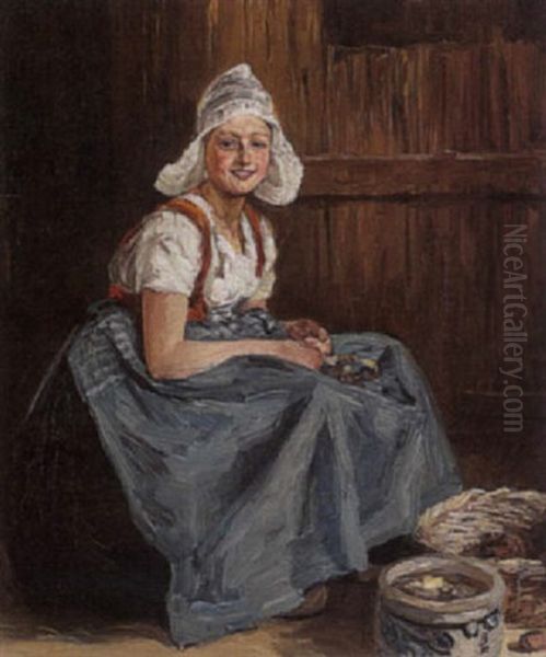 A Girl Peeling Potatoes Oil Painting by Fritz Grotemeyer