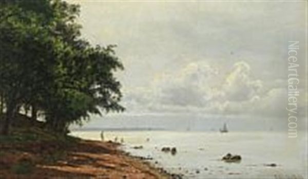 Vej Med Egetraeer Ved Stranden, Diset Morgen Oil Painting by Vilhelm Groth