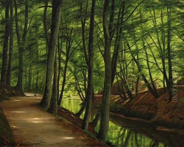 A Beech Forest With A Stream And Walking Persons Oil Painting by Vilhelm Groth