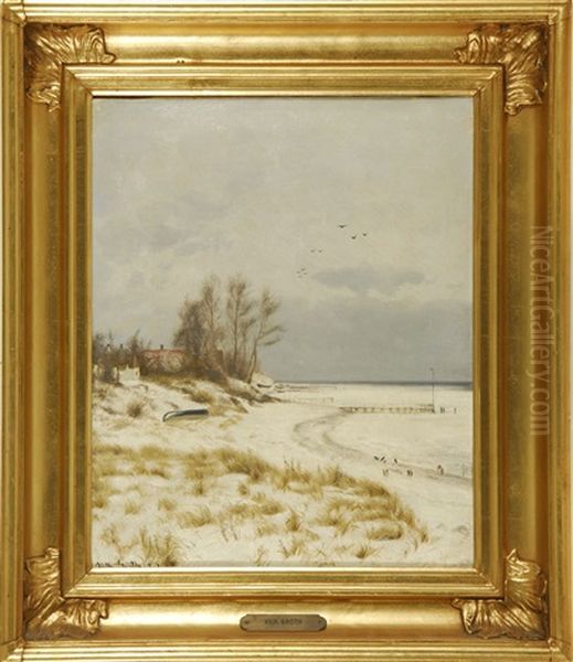 Softly Curving Coastline With Beached Boat Oil Painting by Vilhelm Groth