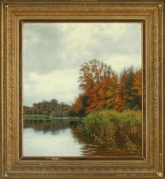 Forest Lake With Man In A Boat Oil Painting by Vilhelm Groth