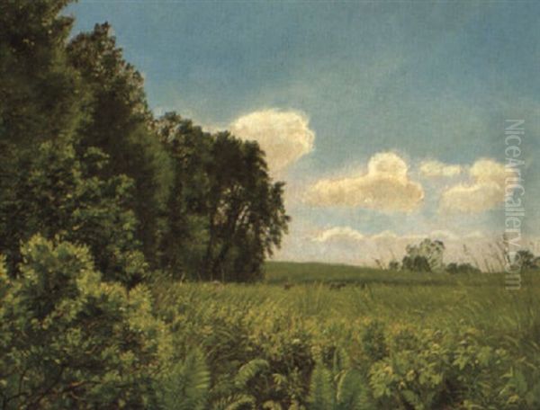 Udsigt Over Sommerlandskab Med Graessende Koer I Baggrunden Oil Painting by Vilhelm Groth