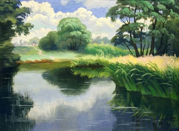 Reflection In Lake Oil Painting by Hugo Karlis Grotuss