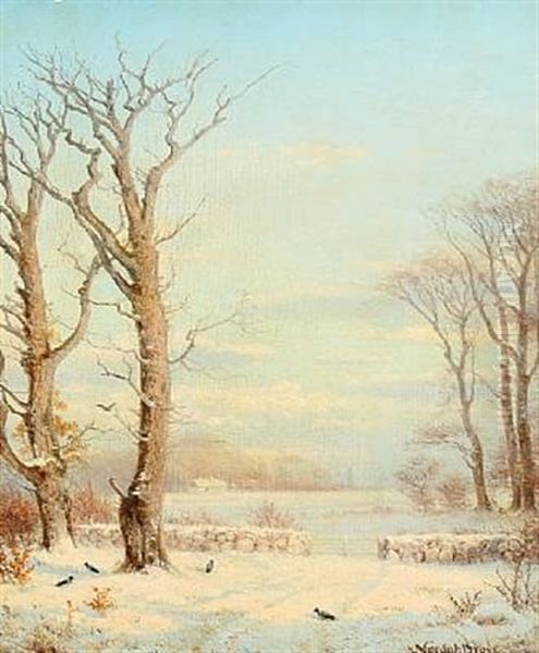 Wintry Landscape With Crows Oil Painting by Nordahl (Peter Frederik N.) Grove