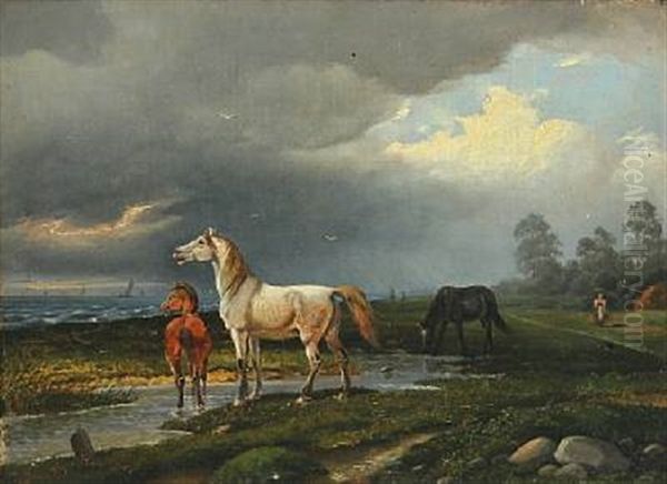 Landscape With Horses, A Storm Is Coming Oil Painting by Nordahl (Peter Frederik N.) Grove