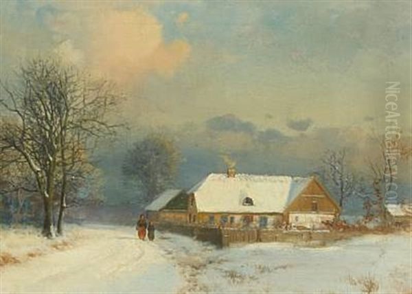 Winter Landscape With Walking Persons Oil Painting by Nordahl (Peter Frederik N.) Grove