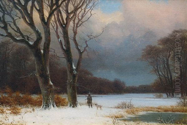 Hunter With Dog In The Winter Forest Oil Painting by Nordahl (Peter Frederik N.) Grove