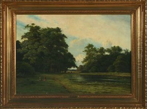 Scene From Dyrehaven With Girls Playing In The Meadow Oil Painting by Nordahl (Peter Frederik N.) Grove