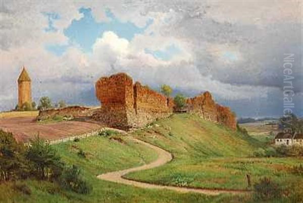 Vordingborg Slotsruin Og Gasetarnet Oil Painting by Nordahl (Peter Frederik N.) Grove