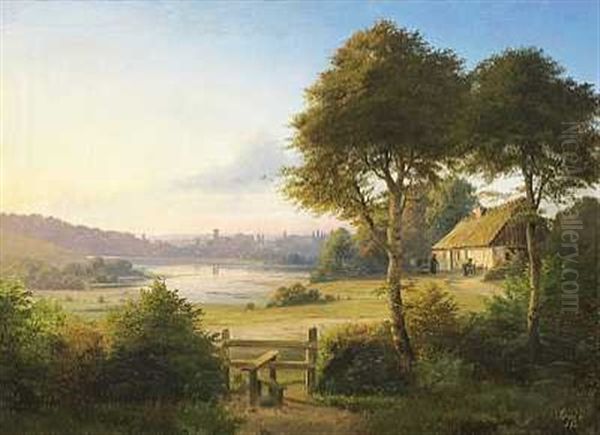 Dansk Sommerlandskab Med Udsigt Mod En By Oil Painting by Nordahl (Peter Frederik N.) Grove