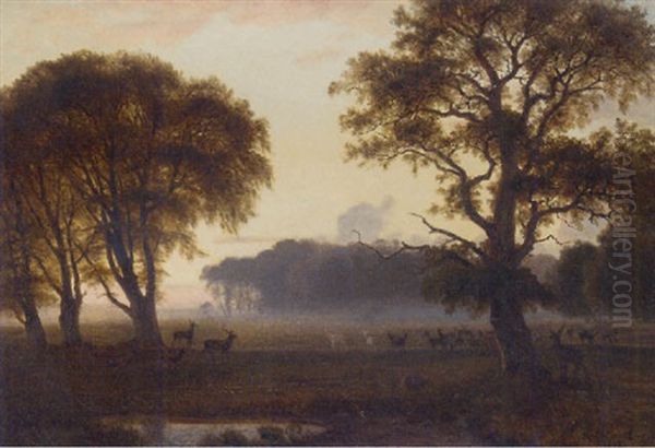 Deer Grazing In A Park At Dusk Oil Painting by Nordahl (Peter Frederik N.) Grove