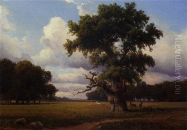 Deer Grazing In Parkland Oil Painting by Nordahl (Peter Frederik N.) Grove