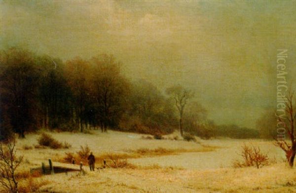 A Snowy Landscape With A Hunter And His Dog Oil Painting by Nordahl (Peter Frederik N.) Grove