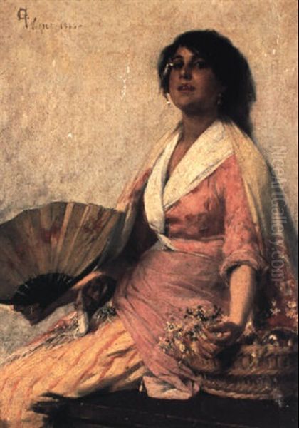 Italian Flower Vender With Her Fan Oil Painting by Oliver Dennett Grover